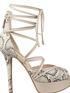Guess Beige Snake-Print Lace-Up Platform Heel